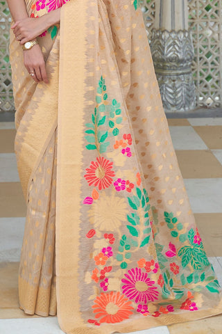 BEIGE PURE LINEN WEAVING SAREE