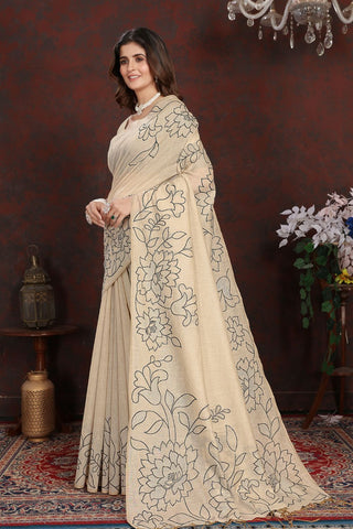 BEIGE & BLACK MULMUL COTTON SAREE