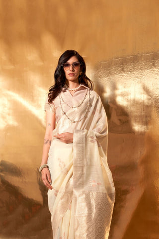 BEIGE HANDWOVEN LINEN SAREES