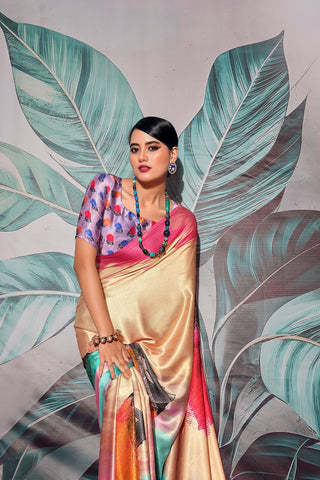 BEIGE CREPE WITH DIGITAL PRINT SAREE