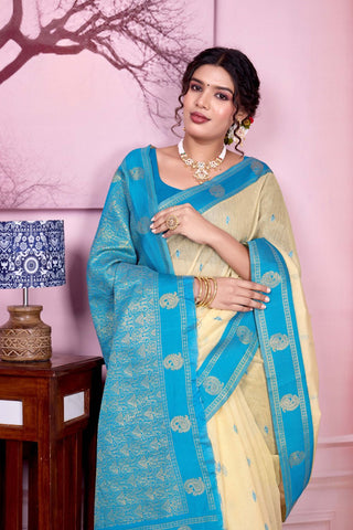Beige Pure Handloom Cotton With Gold Zari Silk Saree_Kumari Sarees