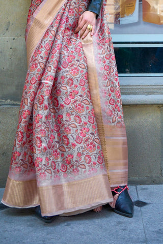 BEIGE PRINT SATIN ORGANZA WEAVING SAREE