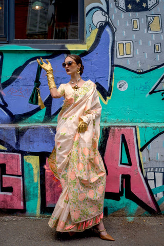 Beige Parsi Weaving - Handwoven Textured Silk Saree