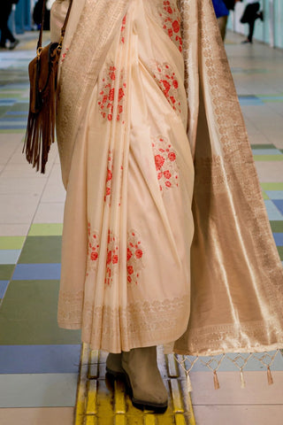 Beige Katan Silk Handloom Weaving Saree