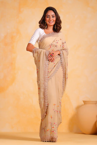 BEIGE SEQUINS GEORGETTE SAREE