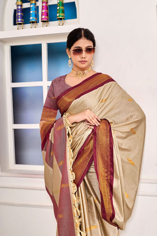 Beige Paithni Cotton Silk Gold Weaving Border_Kumari Sarees