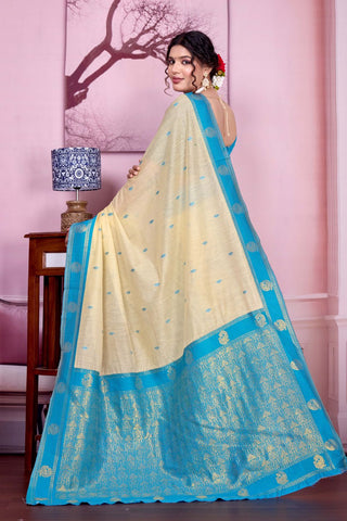 Beige Pure Handloom Cotton With Gold Zari Silk Saree_Kumari Sarees