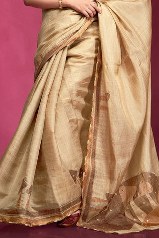 Beige Tussar Saree with Hand based Work