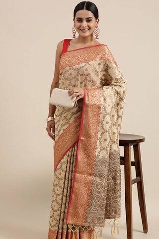 Beige Chanderi Cotton Silk Saree