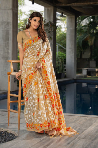 Beige Soft Cotton Floral Jamdani Saree