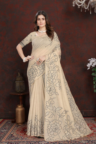 BEIGE & BLACK MULMUL COTTON SAREE