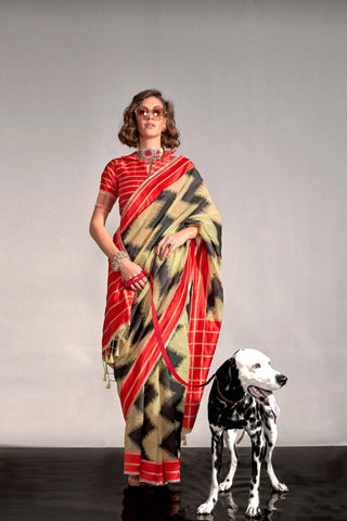 BEIGE PRINTED AJRAKH HANDWOVEN SILK SAREE