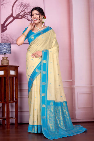 Beige Pure Handloom Cotton With Gold Zari Silk Saree_Kumari Sarees