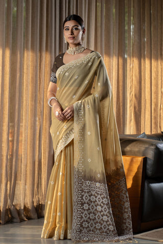 Beige Jamdani Mulmul Cotton Saree