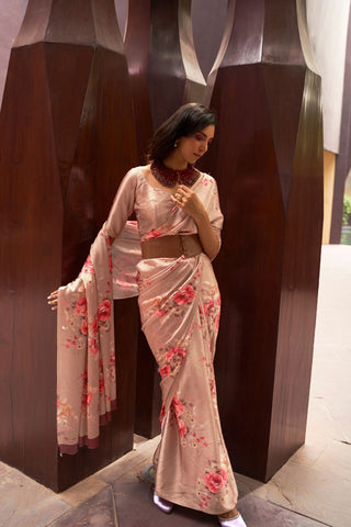 Beige Digital Printed Satin Crepe Saree