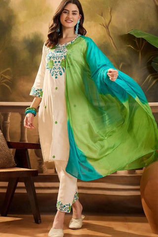Beige Viscose With Embroidery Kurta Set_Kumari Sarees