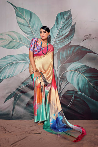 BEIGE CREPE WITH DIGITAL PRINT SAREE