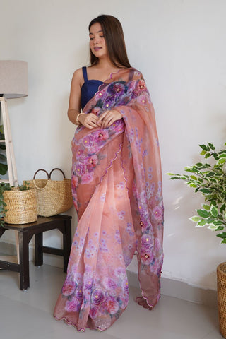 BEIGE ORGANZA HANDWORK DIGITAL PRINT SAREE