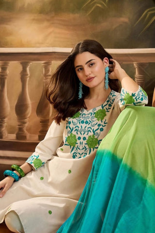 Beige Viscose With Embroidery Kurta Set_Kumari Sarees
