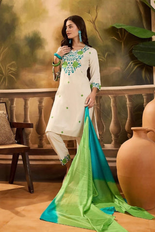 Beige Viscose With Embroidery Kurta Set_Kumari Sarees
