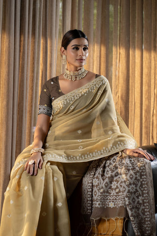 Beige Jamdani Mulmul Cotton Saree