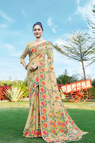 Beige Soft Cotton Jamdani Floral Saree