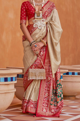 Beige & Red Banarasi Patola Silk Saree