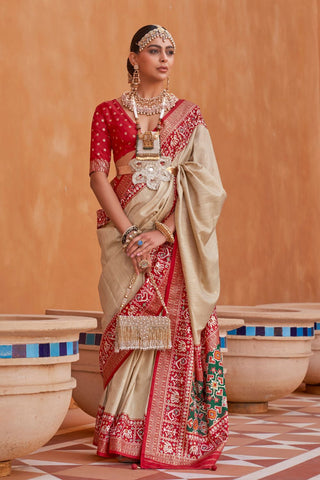 Beige & Red Banarasi Patola Silk Saree