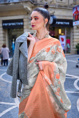 Beige & Orange Printed Poly Brasso Handloom Weaving Saree