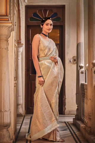 Beige Handloom Weaving Silk With Zari Saree