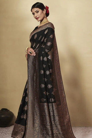 Black Chanderi Cotton Saree