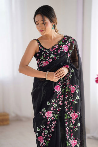 Black Twill Net With Multi Embroidery Work Silk Saree