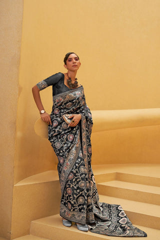 BLACK CHIKANKARI LUCKNOWI WEAVING SAREE