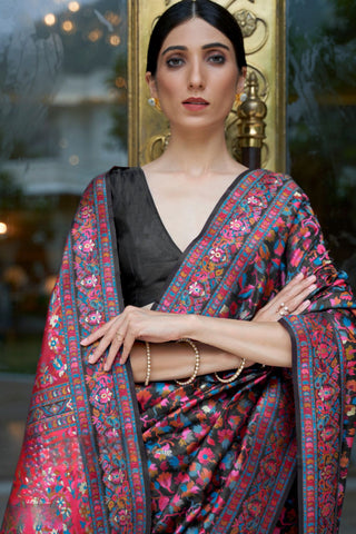 BLACK KASHMIRI MODAL HANDLOOM WEAVING SILK SAREE