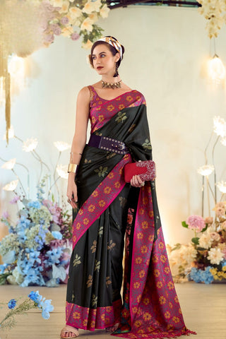 Black Soft Silk Ikkat Border Saree_Kumari Sarees