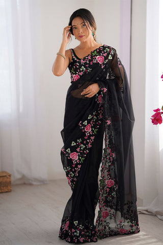 Black Twill Net With Multi Embroidery Work Silk Saree_Kumari Sarees