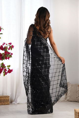 Black Soft Net With Zalar Lace Silk Saree_Kumari Sarees