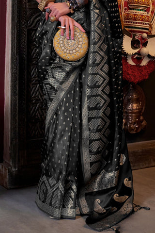 BLACK PURE SATIN HANDLOOM WEAVING SAREE