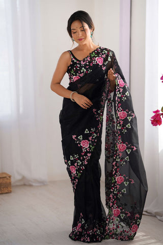 Black Twill Net With Multi Embroidery Work Silk Saree
