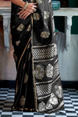 Black Pure Satin Handloom Weaving Silk Saree