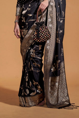 Black Pure Georgette Handloom Weaving Silk Saree