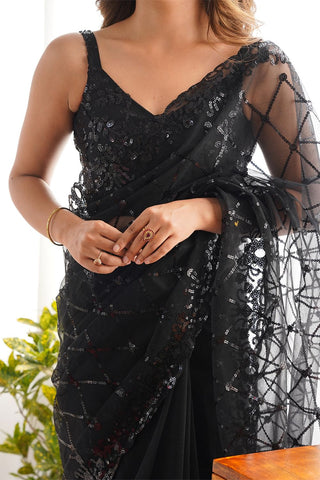 Black Soft Net With Zalar Lace Silk Saree_Kumari Sarees