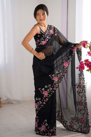 Black Twill Net With Multi Embroidery Work Silk Saree