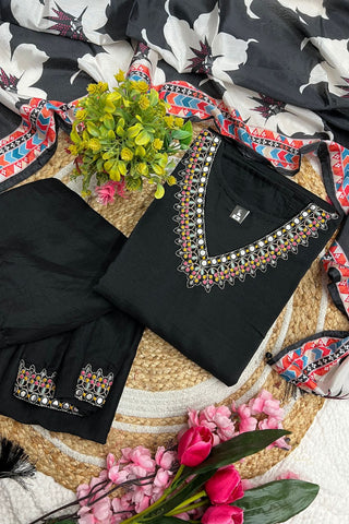 Black Viscose Chinon Embroidery Silk Kurta Set_Kumari Sarees