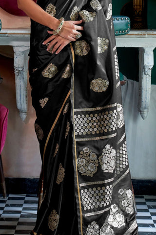 BLACK PURE SATIN HANDLOOM WEAVING SILK