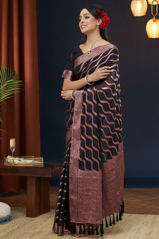 Black Handloom Weaving Silk With Zari Saree_Kumari Sarees