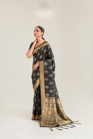 BLACK KANJEEVARAM HANDLOOM WEAVING SILK SAREE