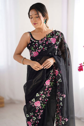 Black Twill Net With Multi Embroidery Work Silk Saree