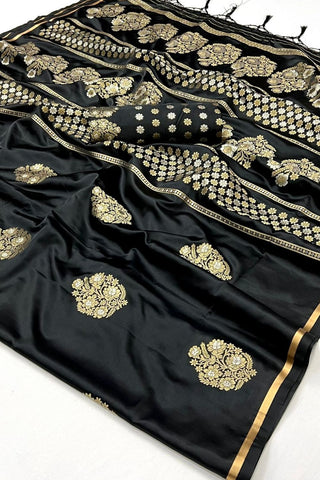 BLACK PURE SATIN HANDLOOM WEAVING SILK