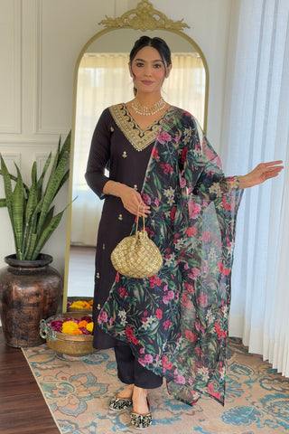 Purple Viscose Slub Embroidery Kurta Set_Kumari Sarees
